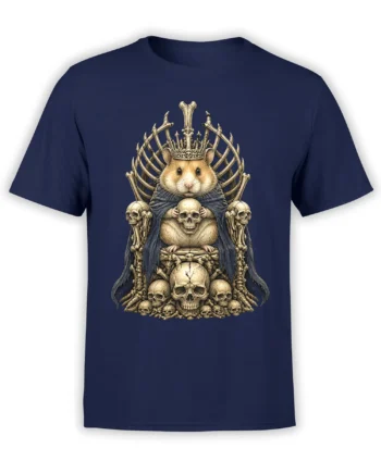 Crowned hamster seated on a bone throne with skulls on a navy dark fantasy T-shirt