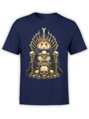 Crowned hamster seated on a bone throne with skulls on a navy dark fantasy T-shirt