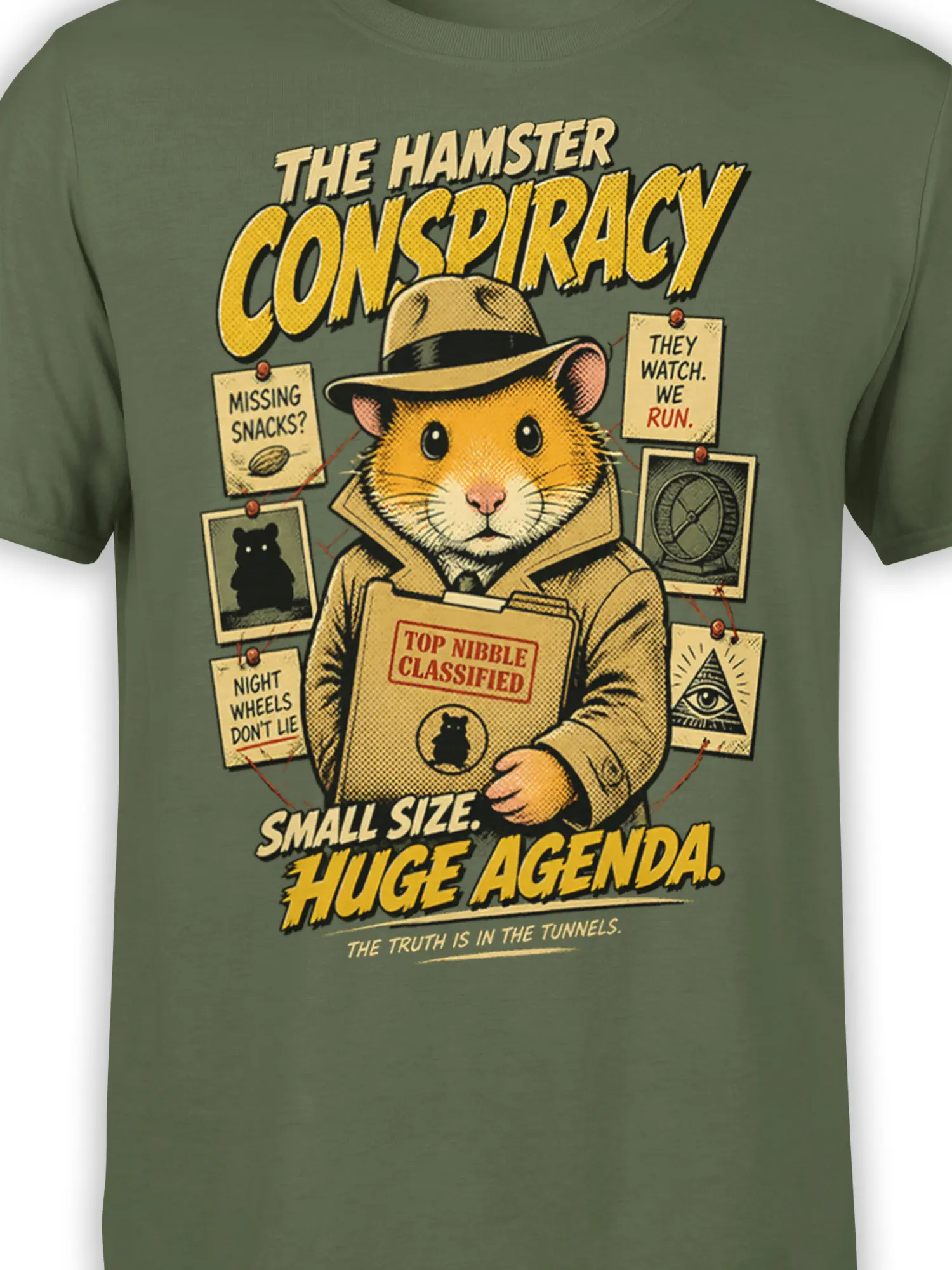 Close-up of the green hamster conspiracy design showing the fedora, trench coat, pinned clues, and classified folder