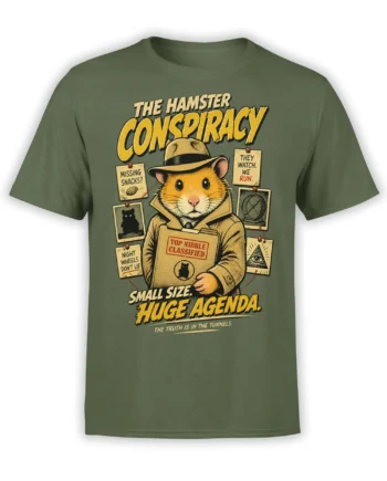 Hamster conspiracy graphic tee in green with a detective hamster, classified snack folder, clues, and bold vintage lettering