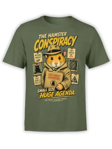 Hamster conspiracy graphic tee in green with a detective hamster, classified snack folder, clues, and bold vintage lettering