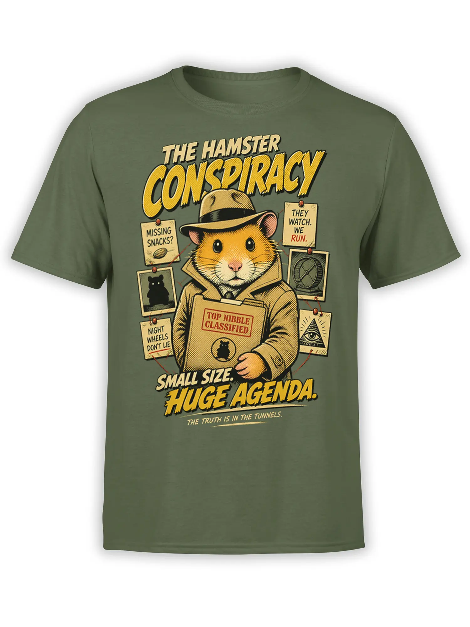 Hamster conspiracy graphic tee in green with a detective hamster, classified snack folder, clues, and bold vintage lettering