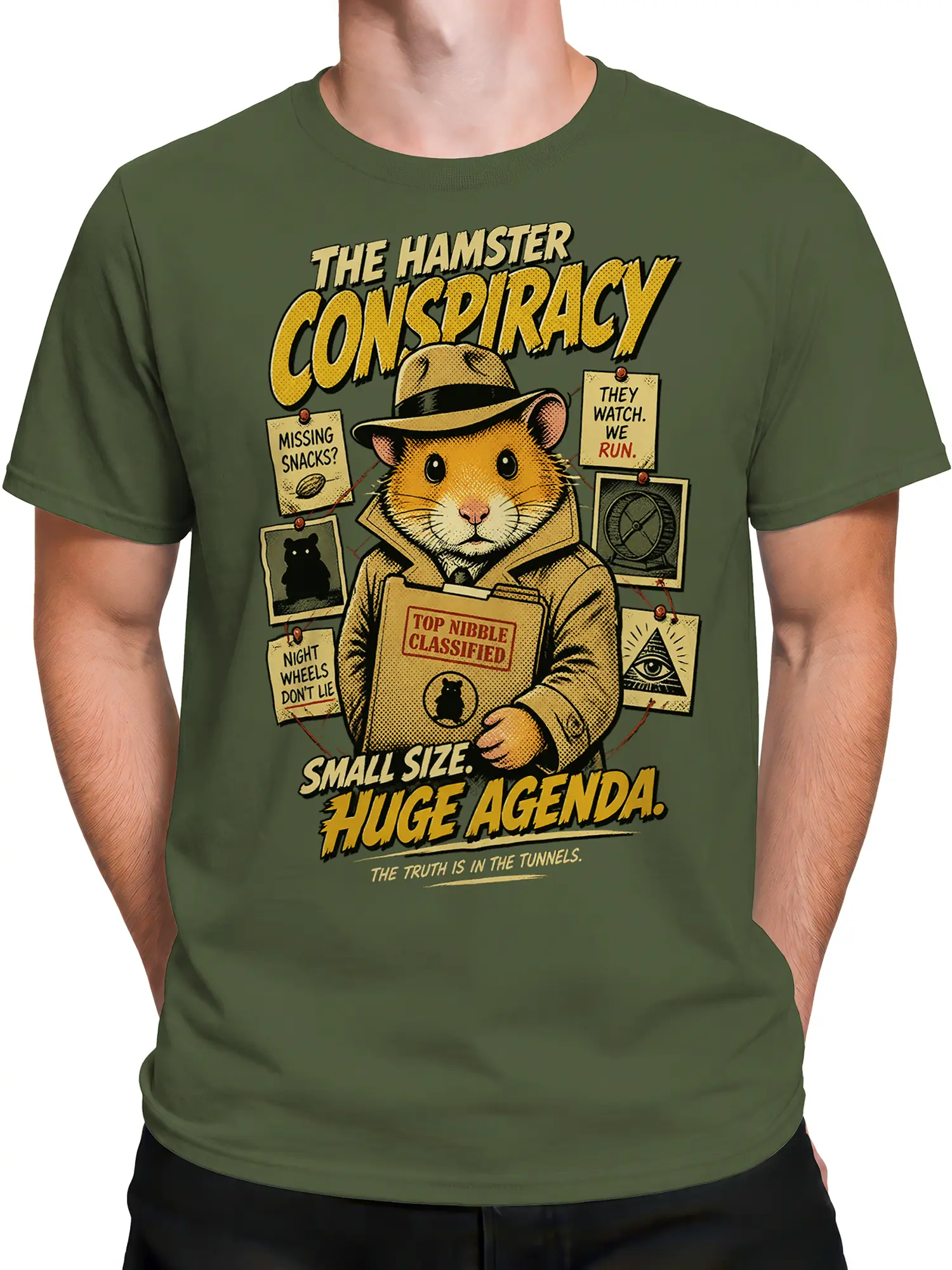 Male torso wearing a green hamster conspiracy T-shirt with vintage detective artwork and a huge agenda slogan