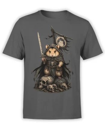 Hooded hamster warrior holding a sword beside skulls on a gray fantasy graphic T-shirt