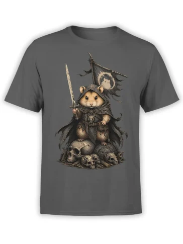 Hooded hamster warrior holding a sword beside skulls on a gray fantasy graphic T-shirt