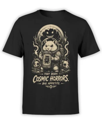 Black T-shirt with a cat astronaut, skulls, cosmic horror creature, and distressed cream lettering
