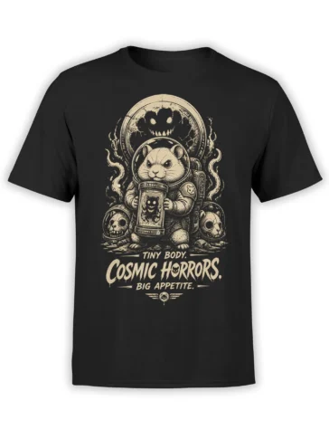 Black T-shirt with a cat astronaut, skulls, cosmic horror creature, and distressed cream lettering
