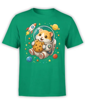 Green hamster astronaut t-shirt with a giant cookie, rocket, planets, and colorful stars in space