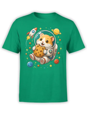 Green hamster astronaut t-shirt with a giant cookie, rocket, planets, and colorful stars in space