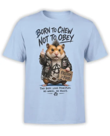 Punk hamster in a leather jacket and mohawk with freedom slogans on a light blue graphic T-shirt