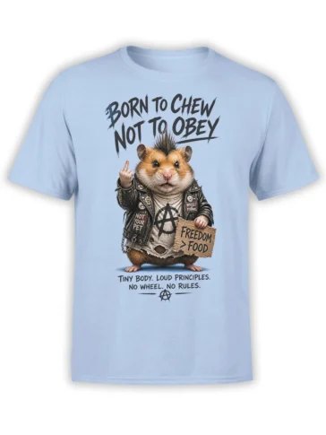 Punk hamster in a leather jacket and mohawk with freedom slogans on a light blue graphic T-shirt
