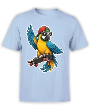 colorful parrot skateboarding in sunglasses and a backward cap on a light blue T-shirt