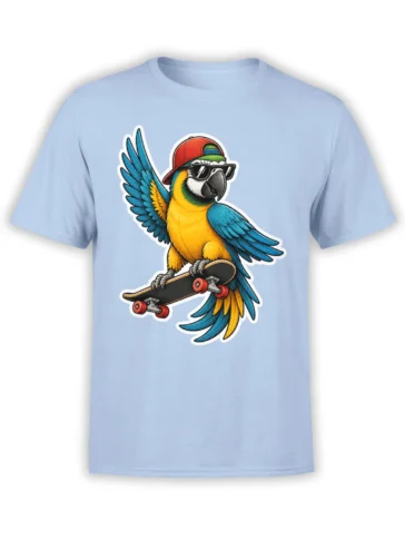 colorful parrot skateboarding in sunglasses and a backward cap on a light blue T-shirt