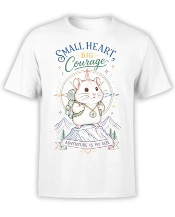 White T-shirt with brave hamster explorer, backpack, compass, mountains, and Small Heart Big Courage design
