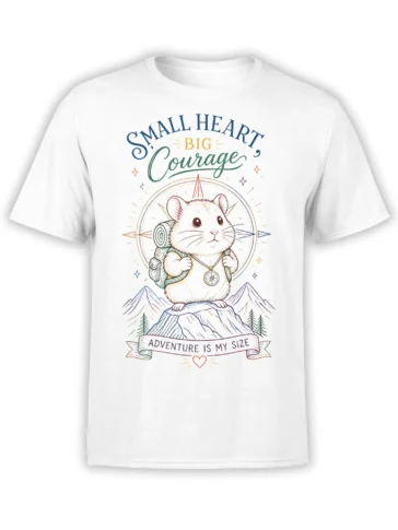 White T-shirt with brave hamster explorer, backpack, compass, mountains, and Small Heart Big Courage design