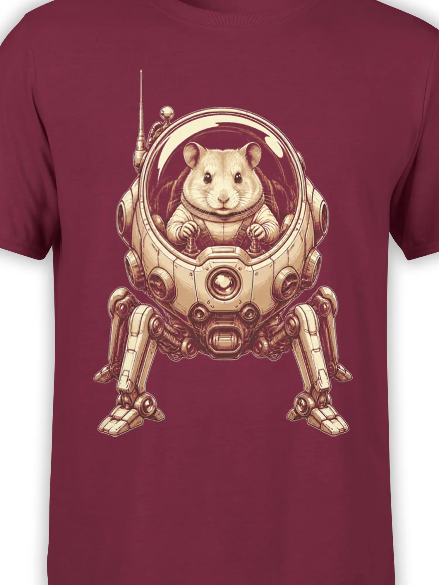 Close-up of the hamster pilot and mechanical walker artwork on a burgundy T-shirt