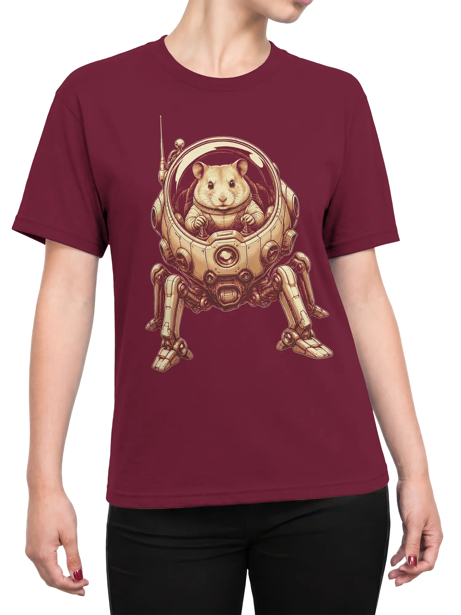 Female torso wearing a burgundy T-shirt with a hamster pilot mechanical walker design