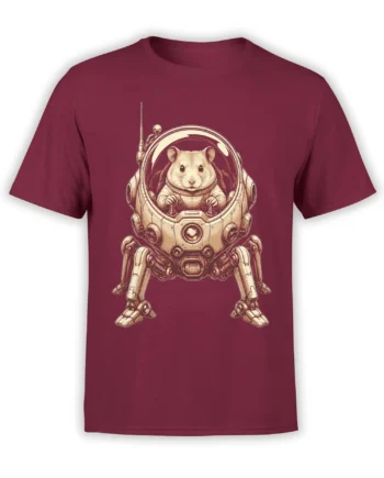 Hamster pilot in a detailed mechanical walker printed on a burgundy graphic T-shirt