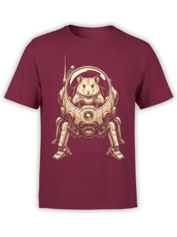 Hamster pilot in a detailed mechanical walker printed on a burgundy graphic T-shirt