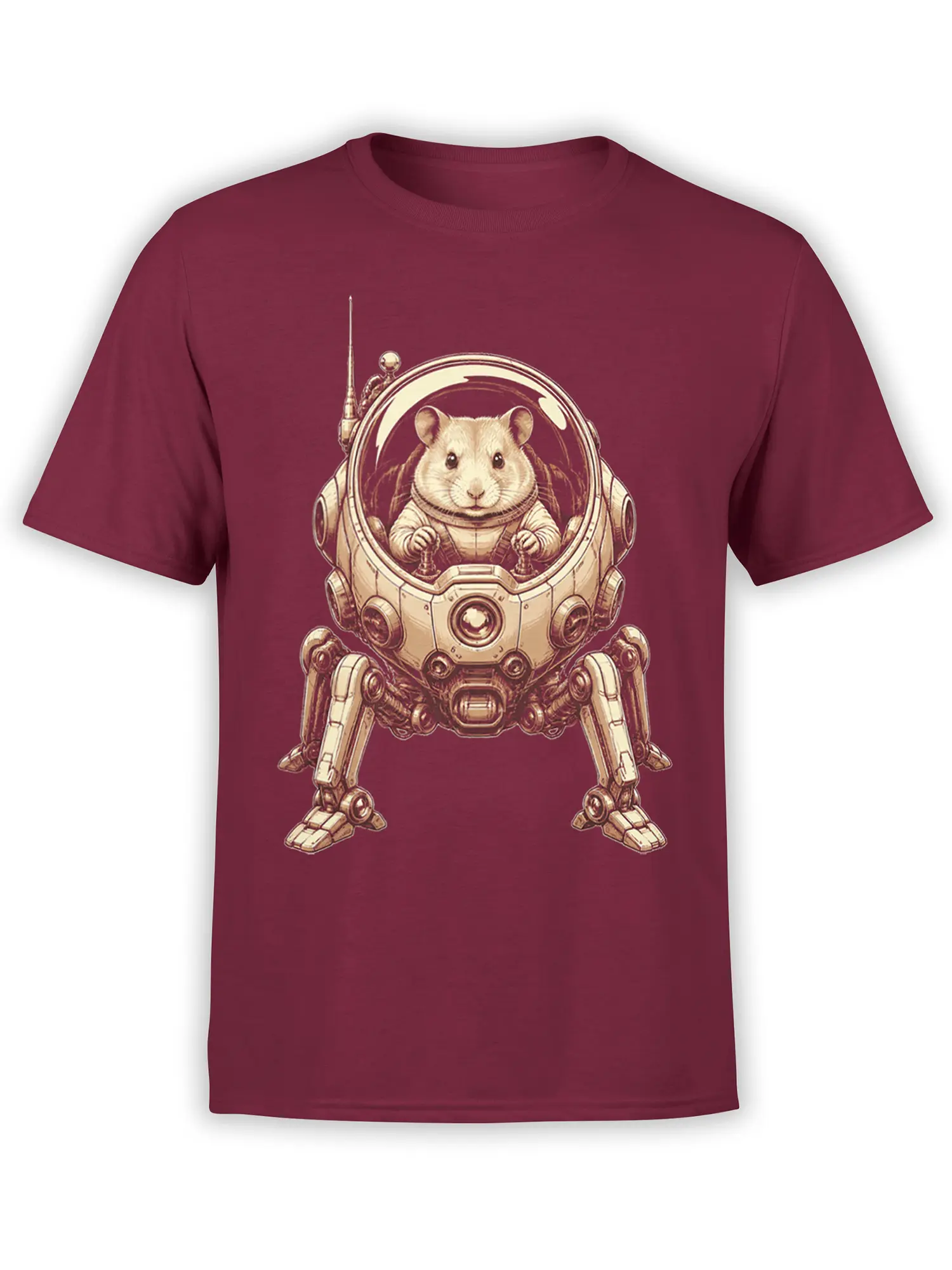 Hamster pilot in a detailed mechanical walker printed on a burgundy graphic T-shirt