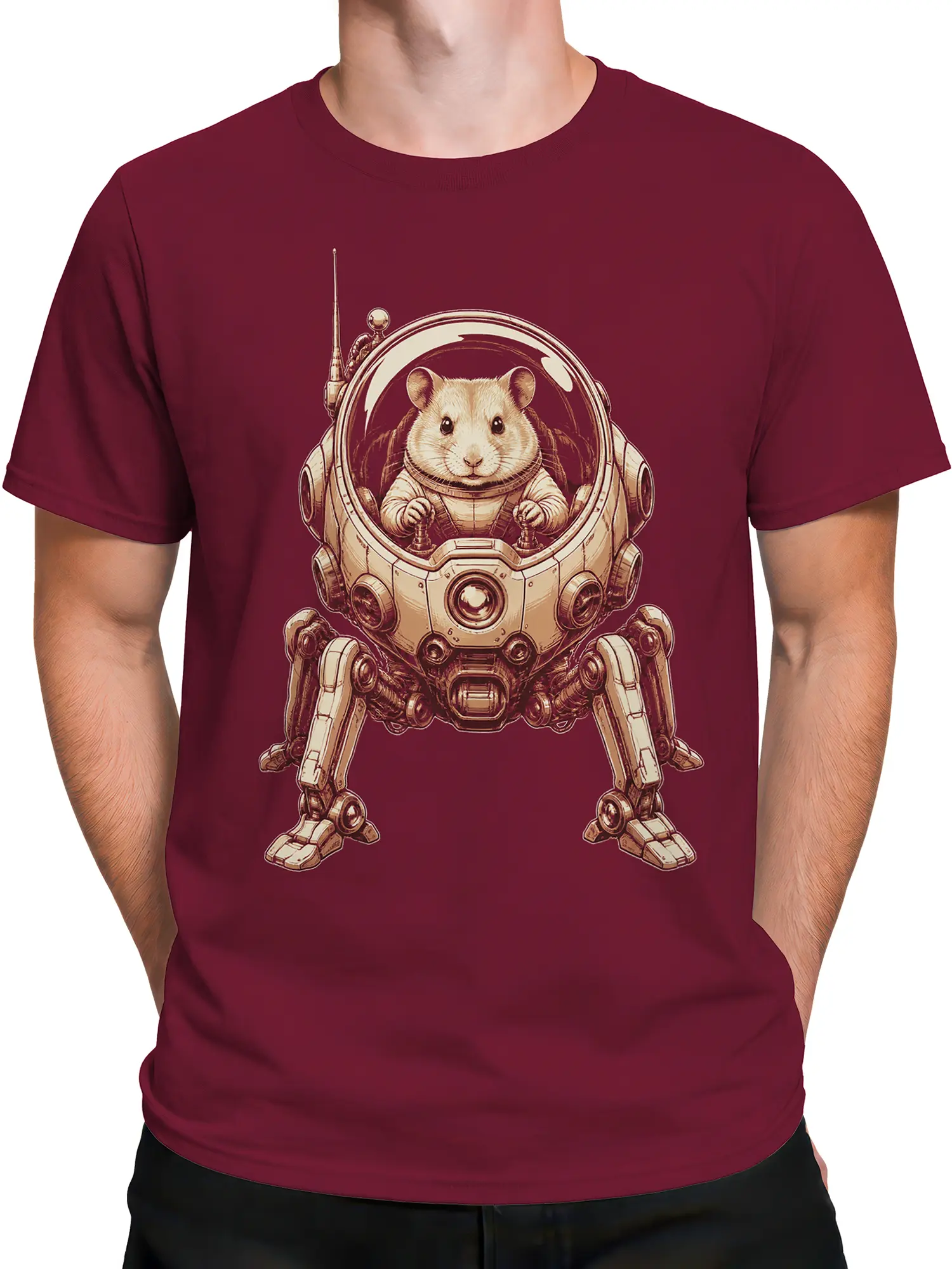 Male torso wearing a burgundy T-shirt with a detailed hamster pilot graphic