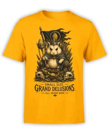 Crowned hamster fantasy design with staff, skulls, seeds, and bold text on an orange T-shirt