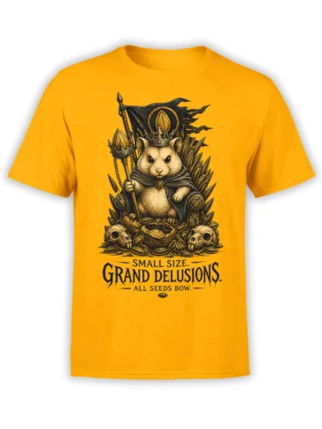 Crowned hamster fantasy design with staff, skulls, seeds, and bold text on an orange T-shirt