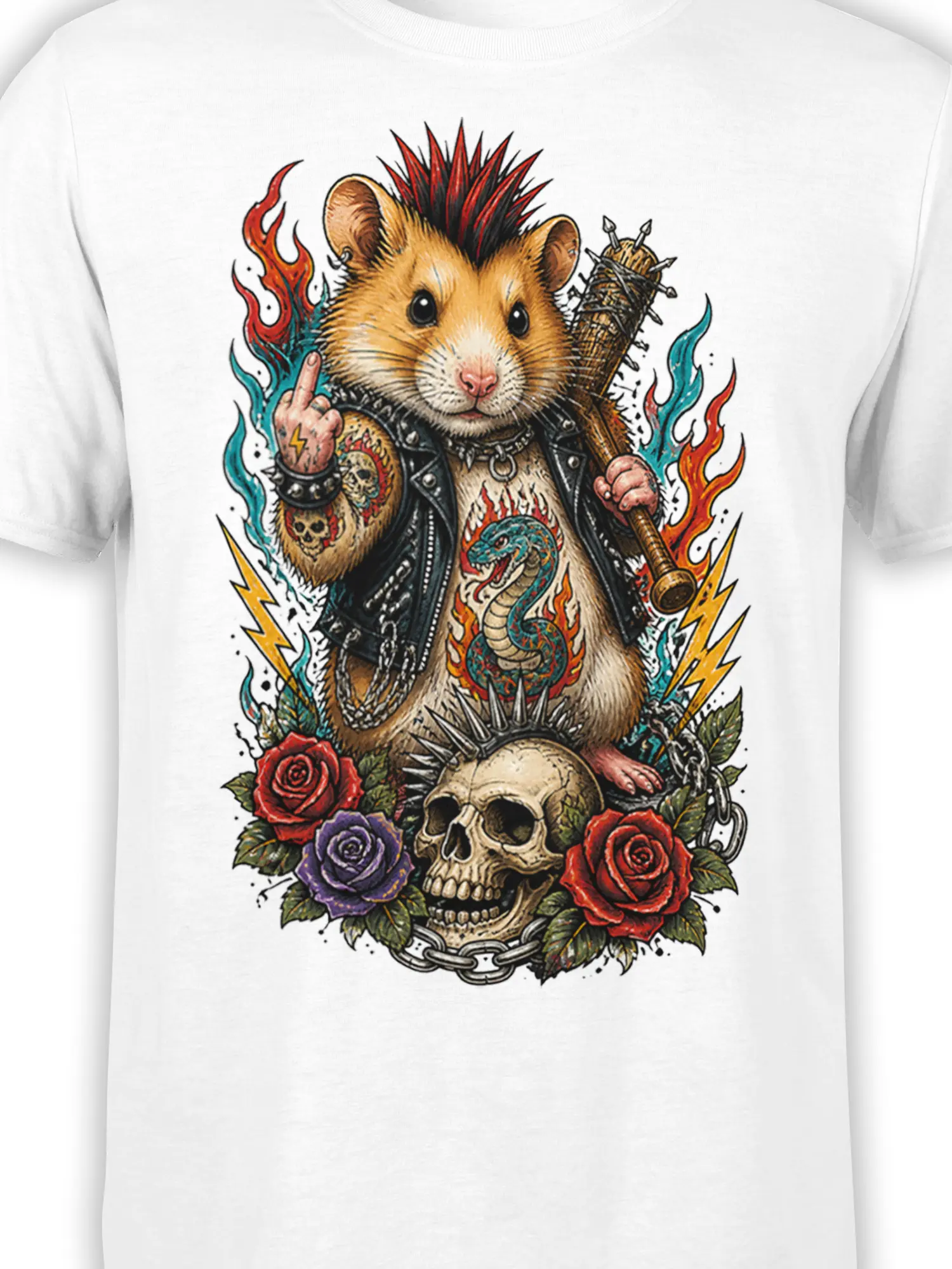 Detailed punk hamster artwork with skull, roses, flames, tattoos, and spiked club on white fabric