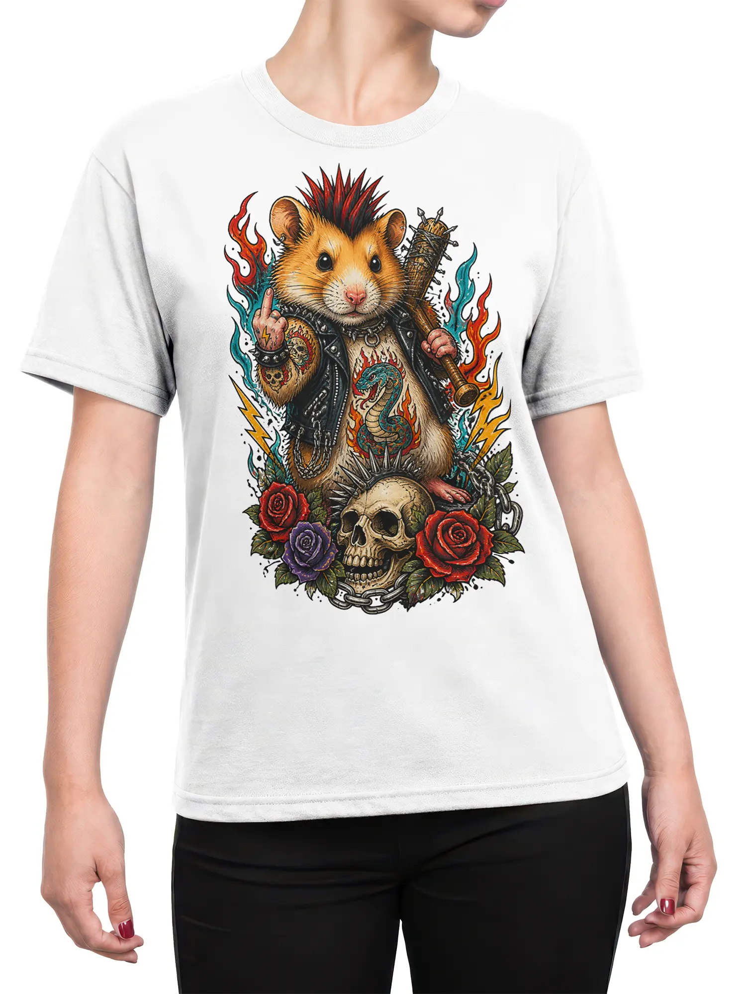 Female torso wearing a white T-shirt with a colorful punk hamster, skull, roses, and flame artwork