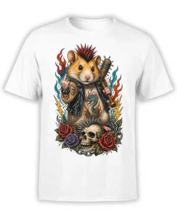 Punk hamster wearing a leather vest and holding a spiked club on a white graphic T-shirt