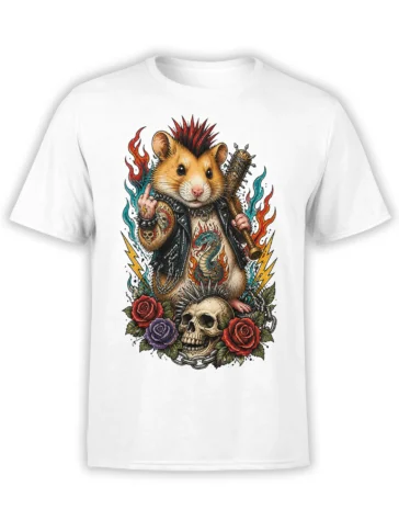 Punk hamster wearing a leather vest and holding a spiked club on a white graphic T-shirt