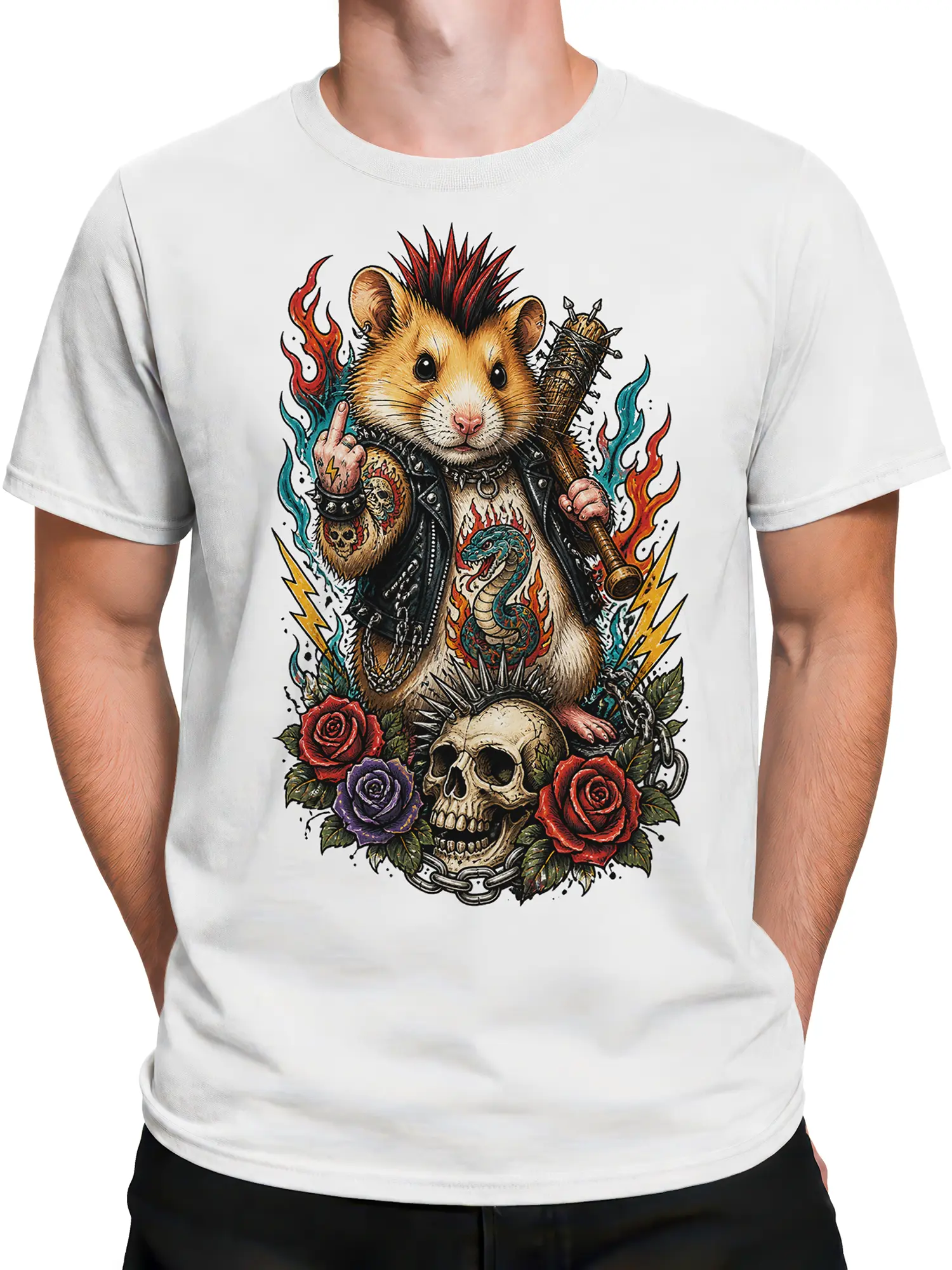 Male torso wearing a white punk hamster T-shirt with skull, roses, flames, and spiked club artwork