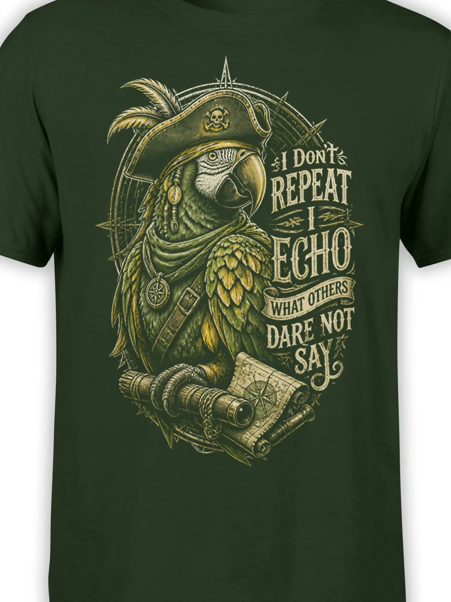 Close-up of pirate parrot artwork on a dark green T-shirt with map, telescope, compass, and motto