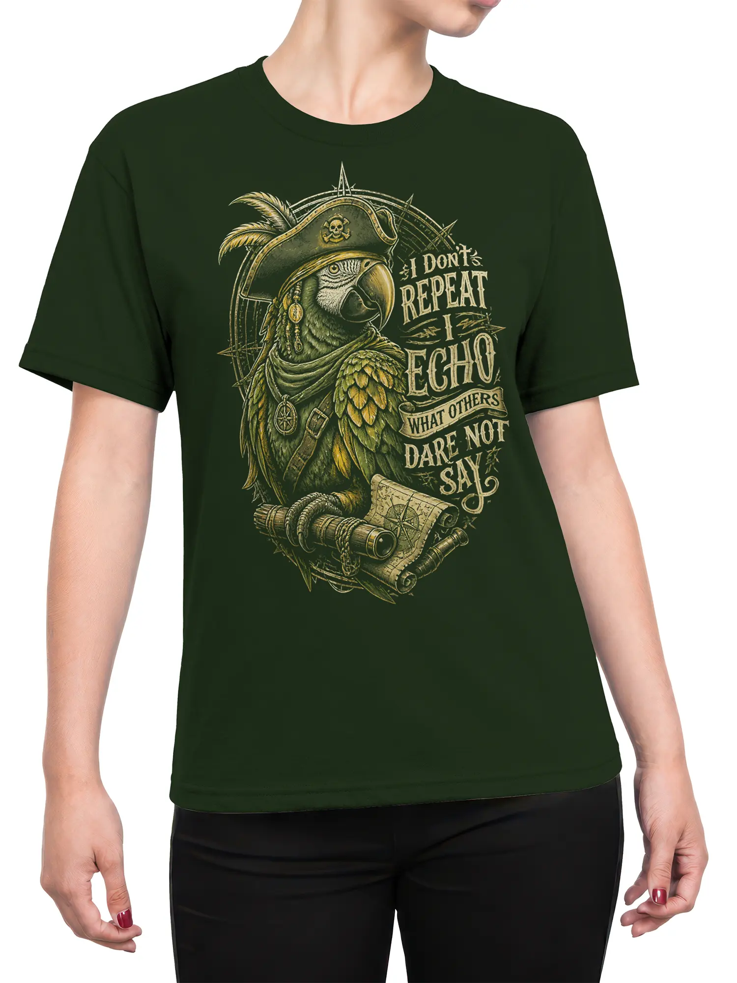 Female torso wearing a dark green T-shirt with vintage pirate parrot artwork and an echo motto