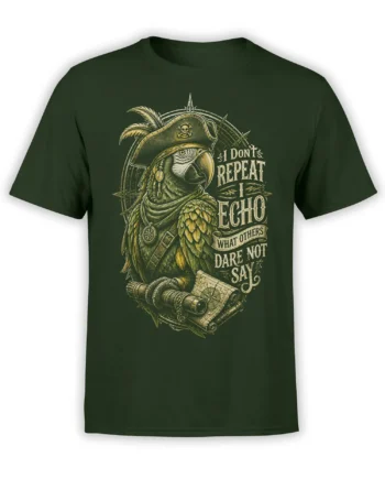 Dark green T-shirt with a vintage pirate parrot, map, telescope, compass, and echo motto