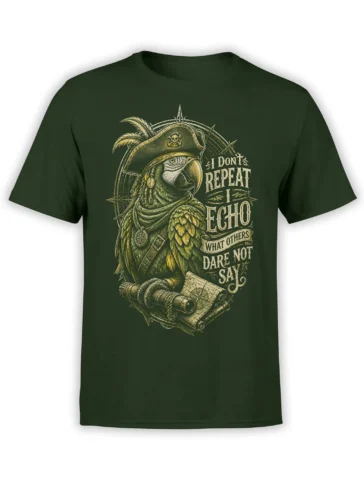 Dark green T-shirt with a vintage pirate parrot, map, telescope, compass, and echo motto