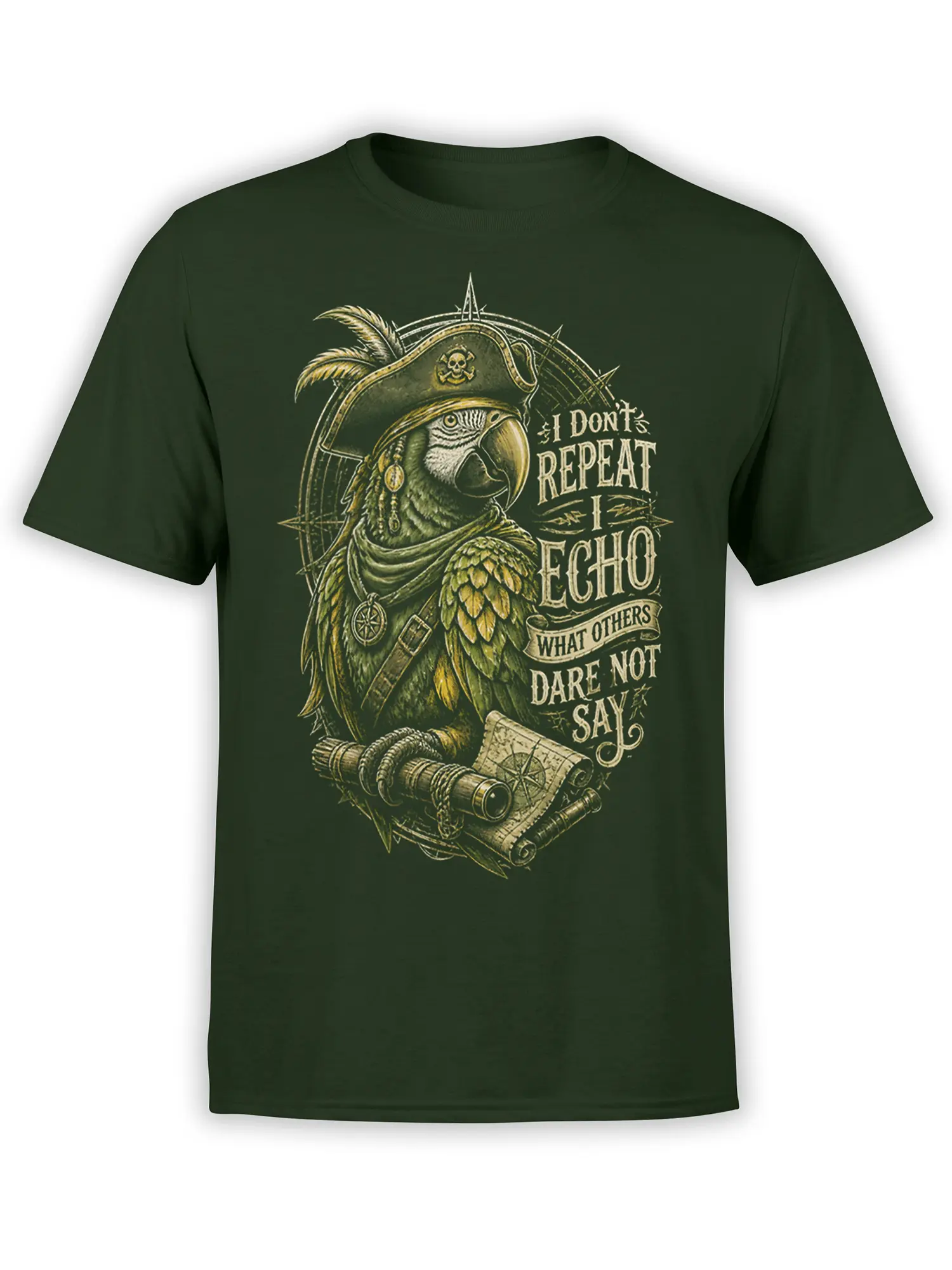 Dark green T-shirt with a vintage pirate parrot, map, telescope, compass, and echo motto