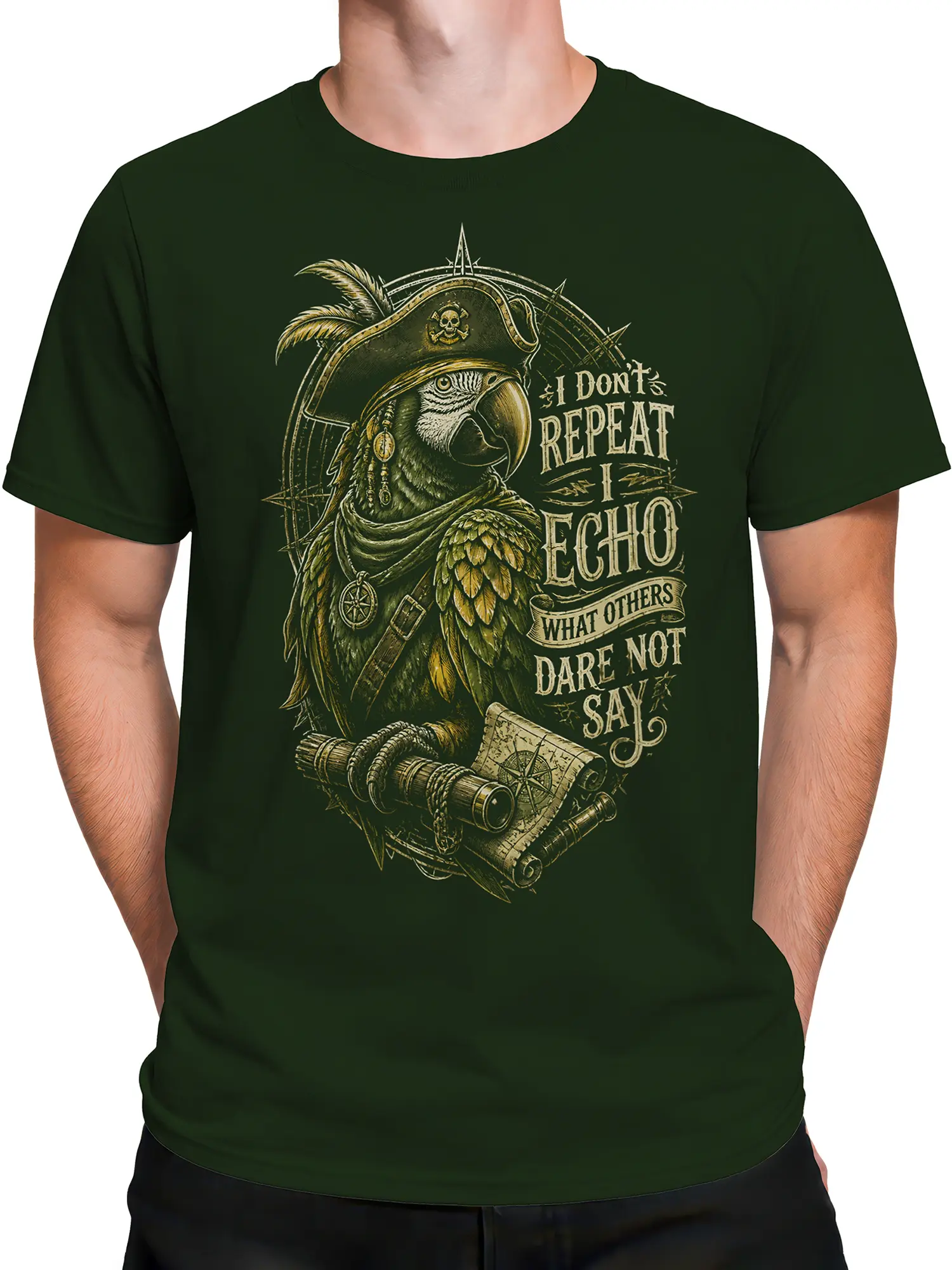 Male torso wearing a dark green T-shirt with pirate parrot, map, telescope, and compass artwork