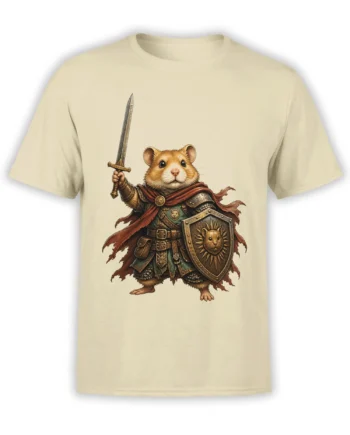 Armored hamster warrior holding a sword and shield on a beige graphic T-shirt