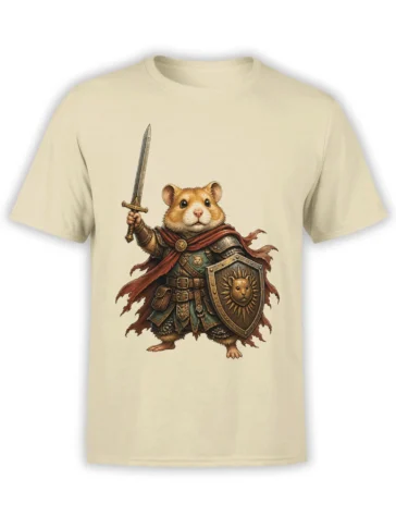 Armored hamster warrior holding a sword and shield on a beige graphic T-shirt