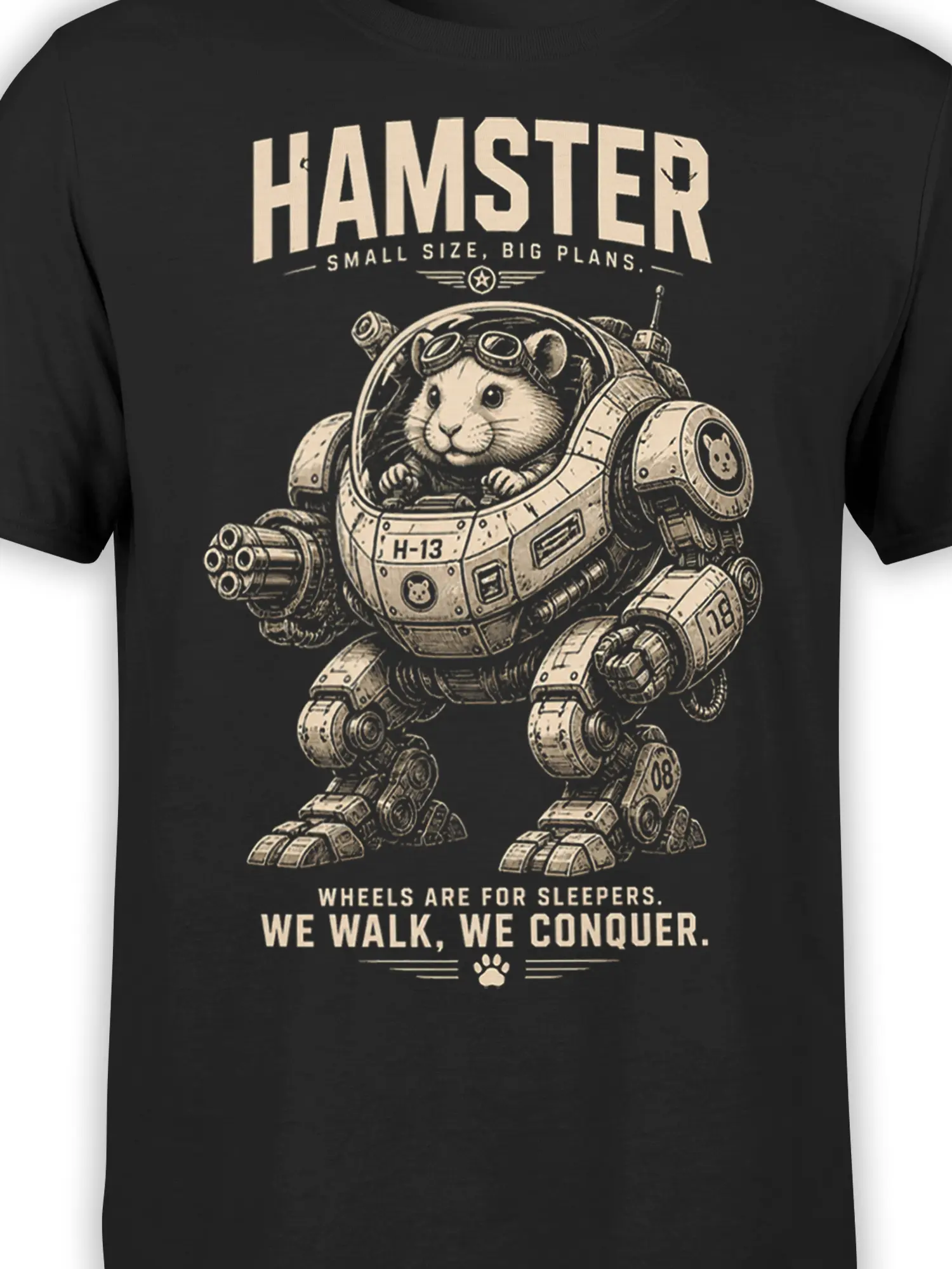 Close-up of the hamster pilot and detailed mechanical armor on a black retro graphic T-shirt