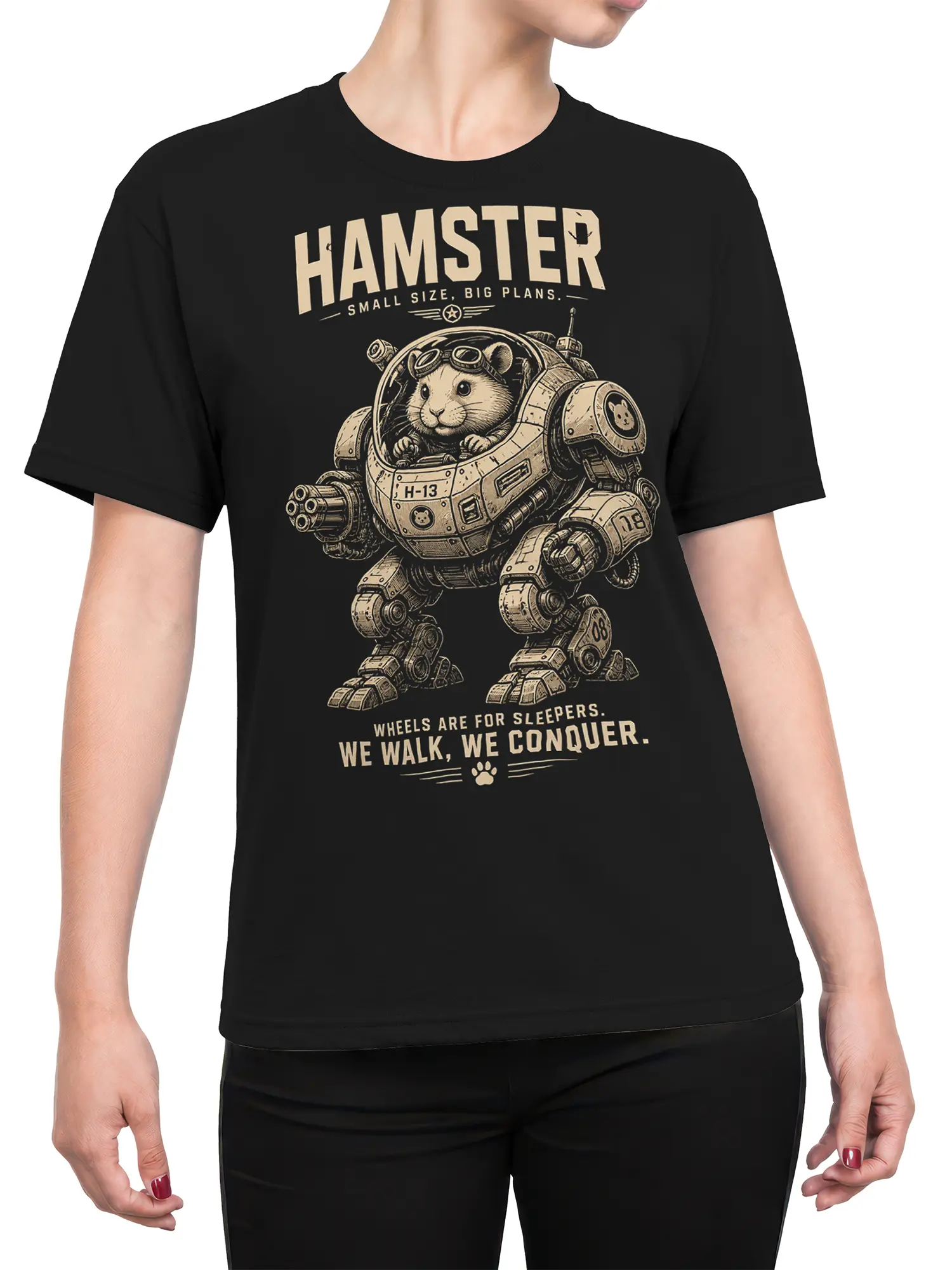 Female torso wearing a black hamster T-shirt with a retro mech design and We Walk, We Conquer slogan
