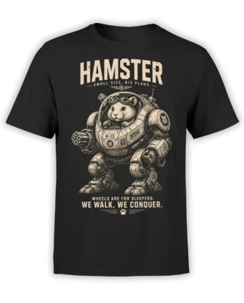 Black hamster T-shirt with a retro mechanical suit, goggles, and the words Small Size, Big Plans