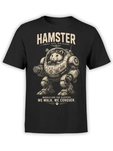 Black hamster T-shirt with a retro mechanical suit, goggles, and the words Small Size, Big Plans