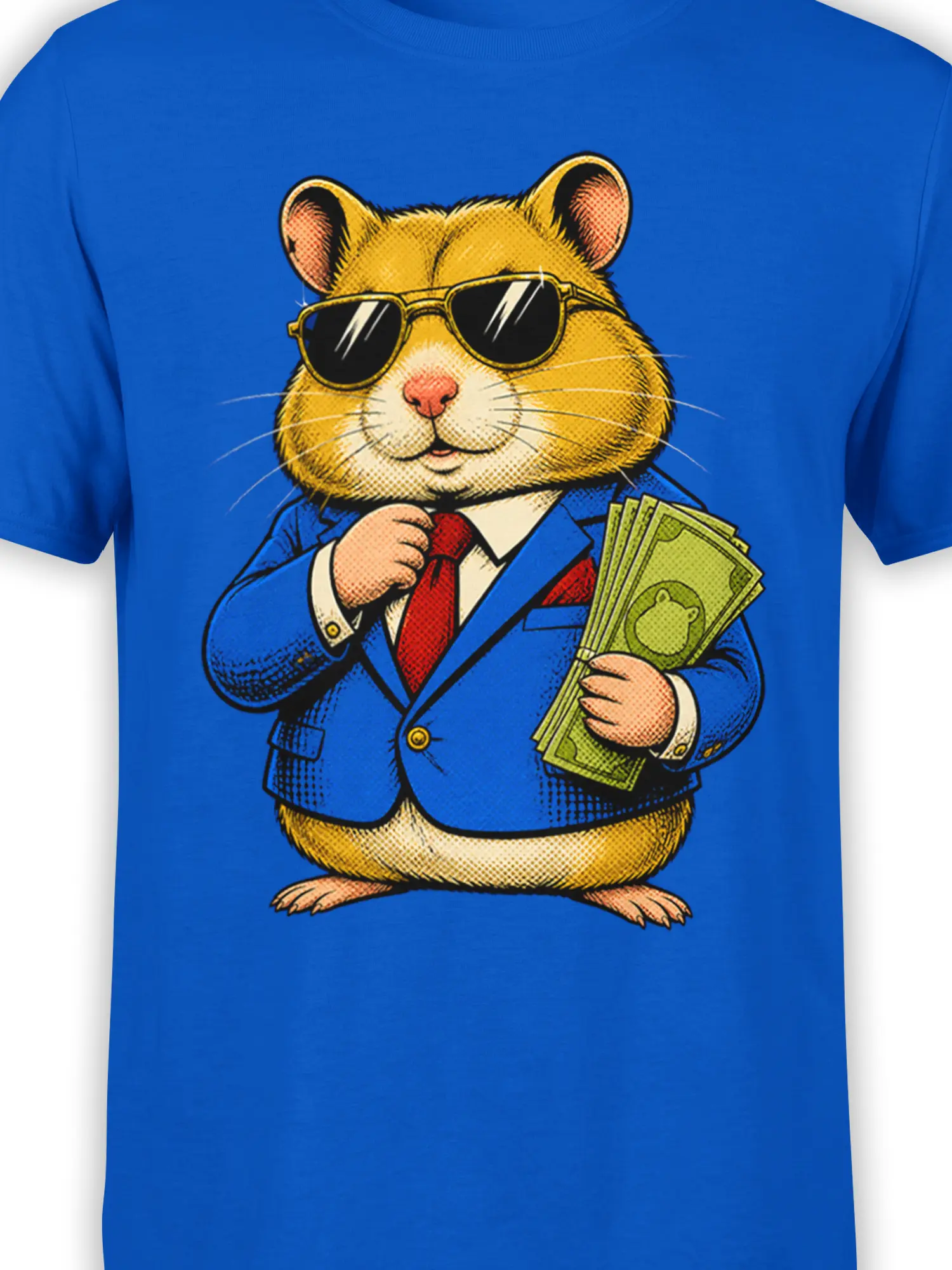 Close-up of the sunglasses cat graphic with a blue suit, red tie, and cash on the blue shirt