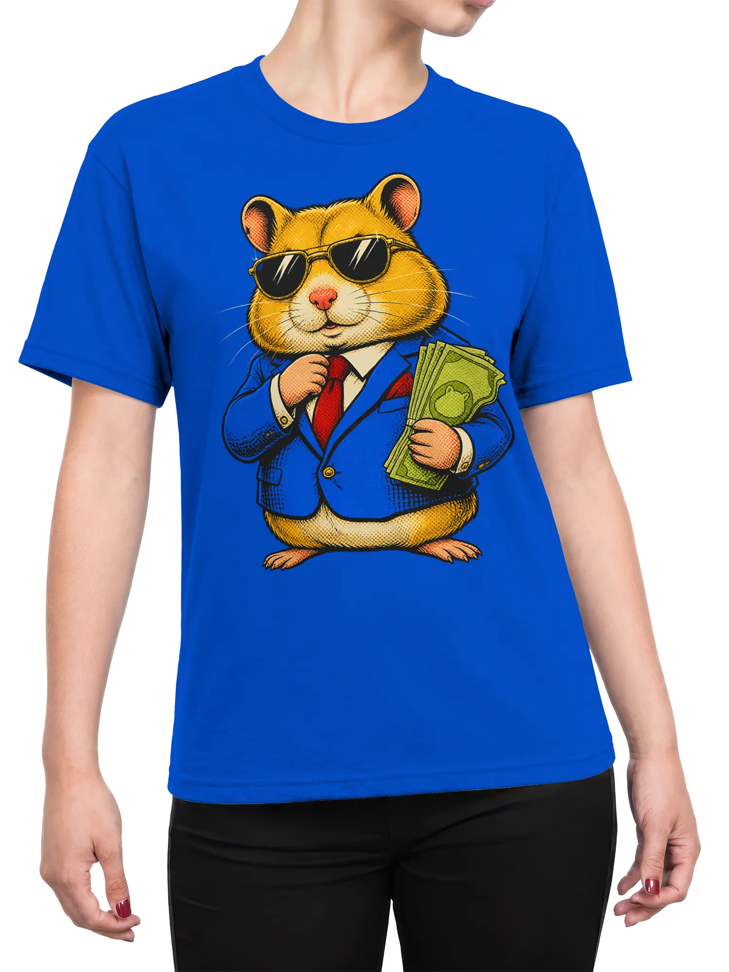 Female torso wearing a blue T-shirt with a suited cat in sunglasses holding a stack of cash