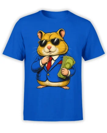 Golden cat in sunglasses, blue suit, red tie, and holding cash on a bright blue T-shirt
