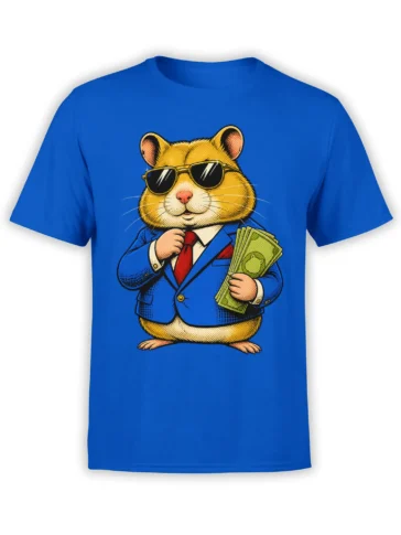 Golden cat in sunglasses, blue suit, red tie, and holding cash on a bright blue T-shirt
