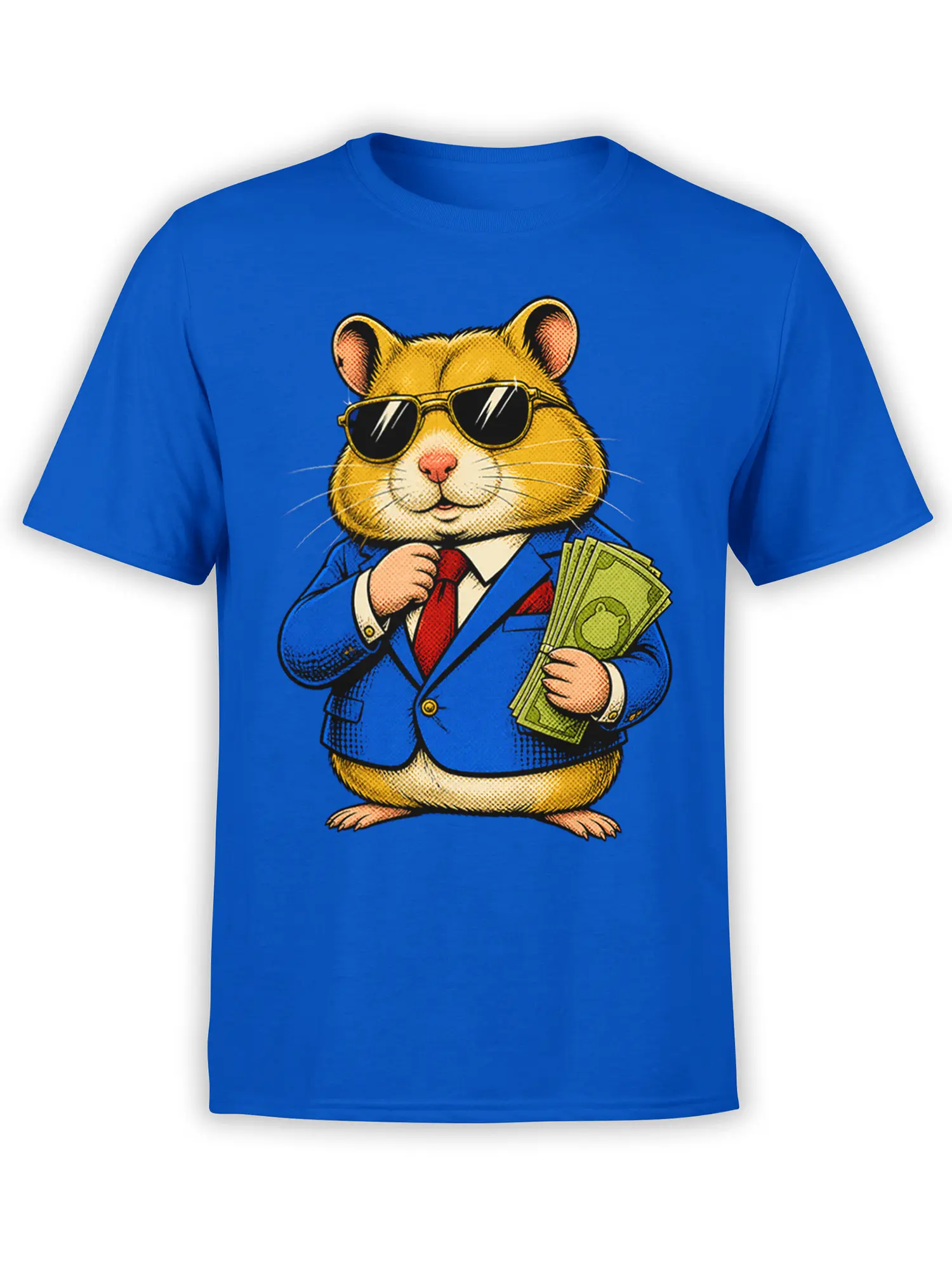 Golden cat in sunglasses, blue suit, red tie, and holding cash on a bright blue T-shirt