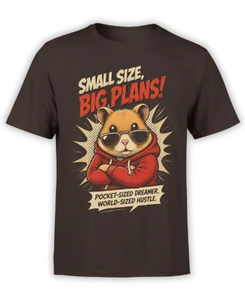 Brown cat T-shirt with sunglasses, red hoodie, and “Small Size, Big Plans!” retro graphic